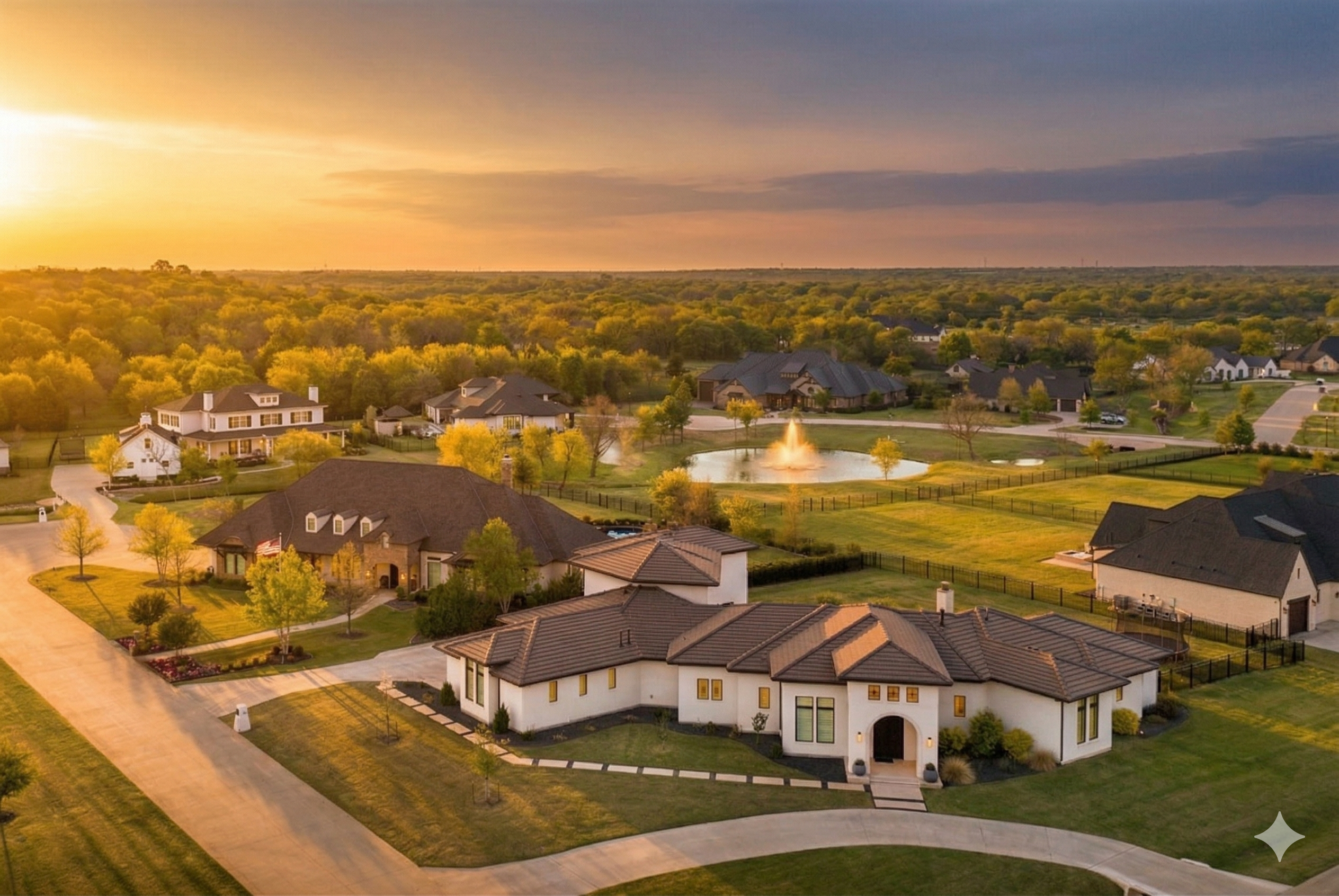 Aerial view of homes and ponds in Copper Creek at sunset